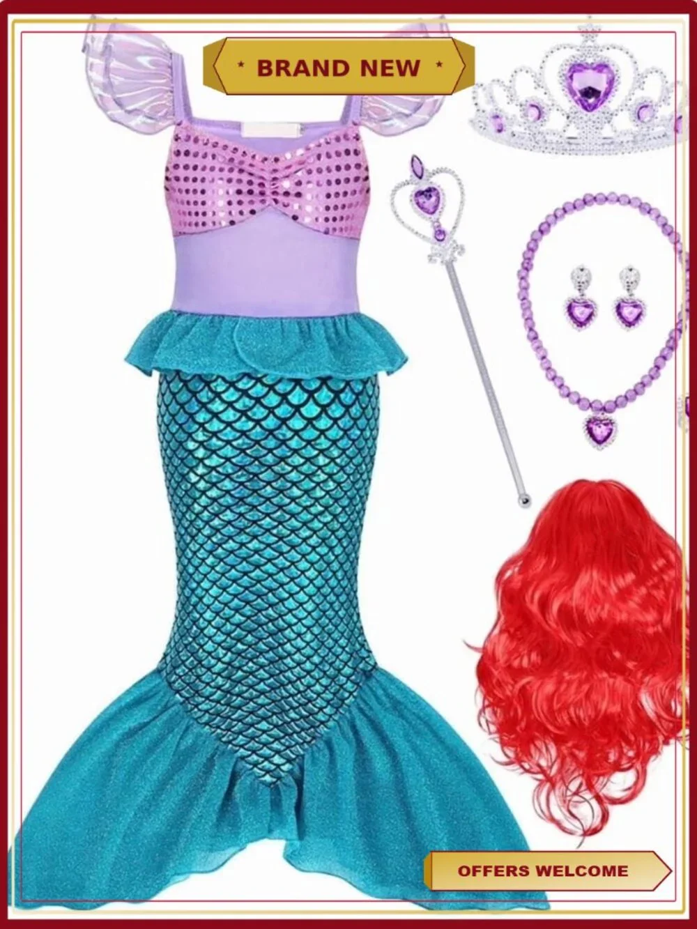 Girls Mermaid Princess Costume Dress Up with Red Wig Cosplay
